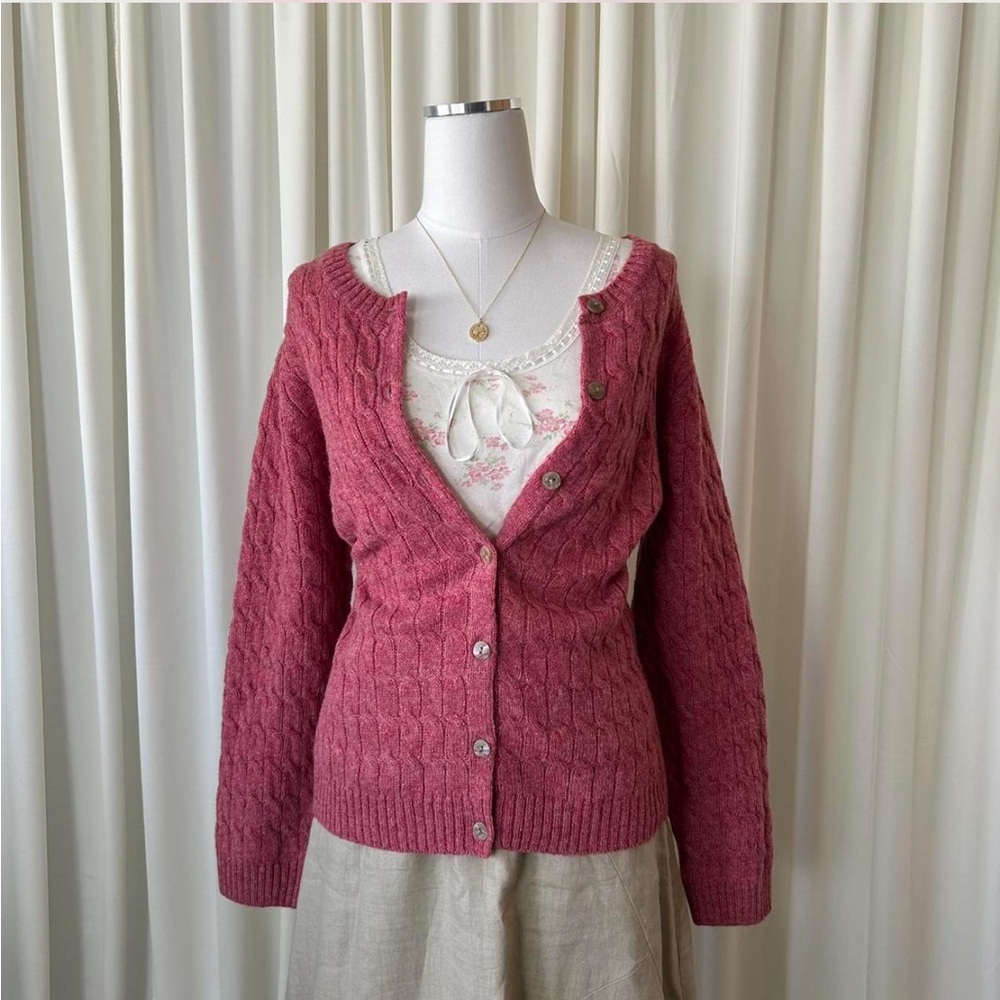 Appleseed's Y2K Style Grannycore Pink Cable Knit 100% Wool Cardigan Sweater PL. - Picture 4 of 9